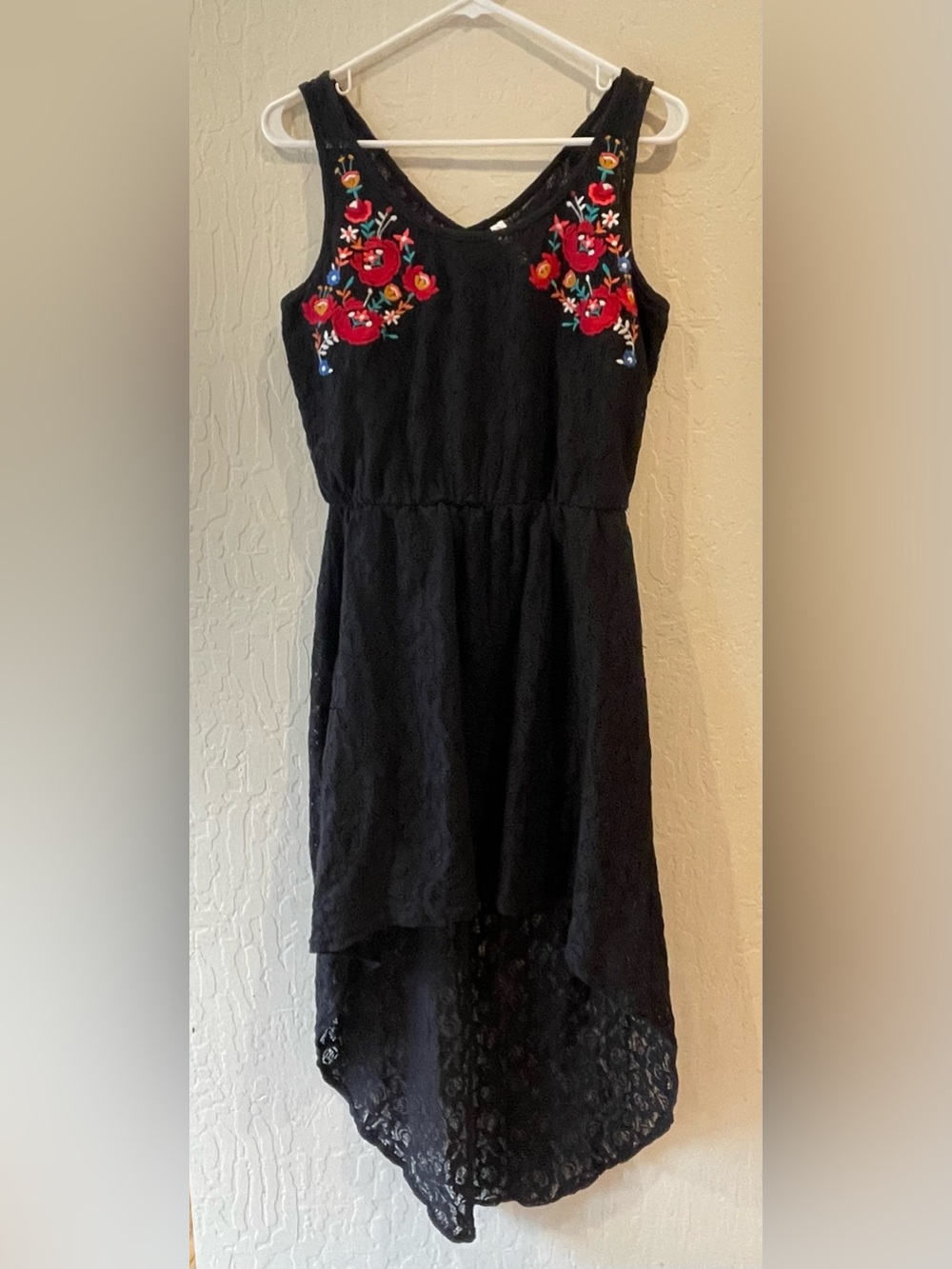 Xhilaration Black Lace High-Low Dress with Red Floral Embroidery